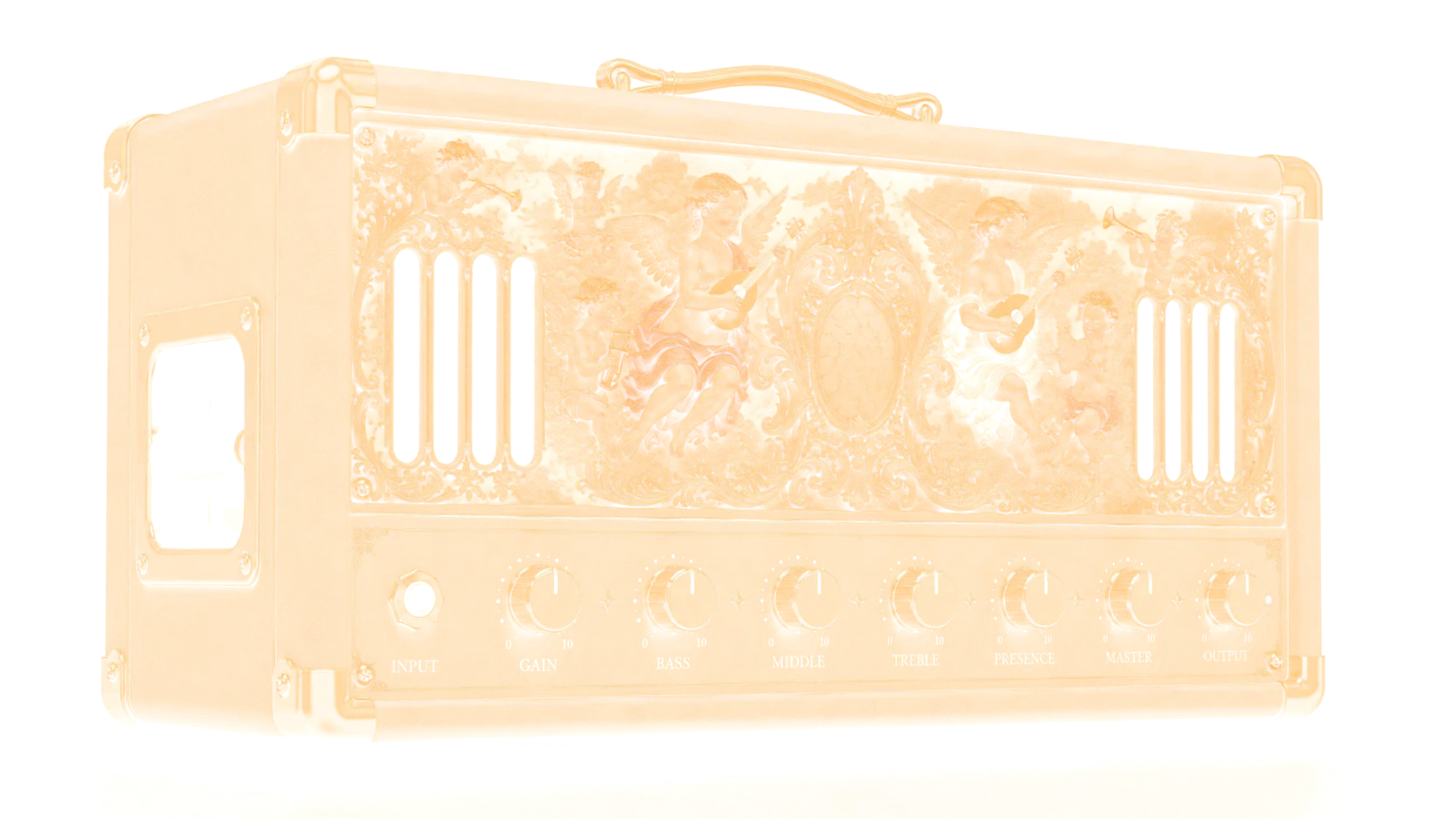 Katahdin — an amplifier head carved with baroque cherubs playing lutes