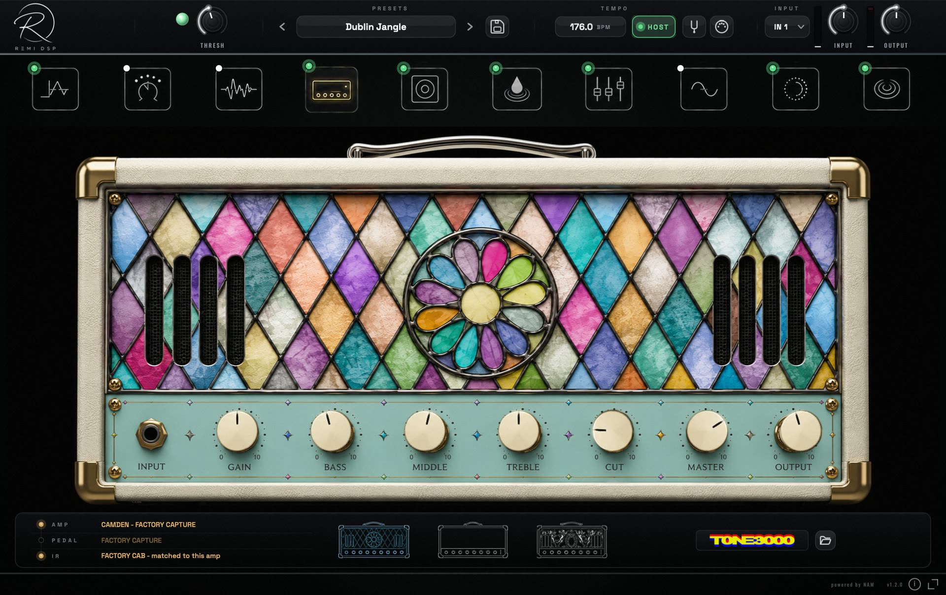 The Maine plugin window — the Camden amplifier head, the effects chain along the top and the capture drawer below