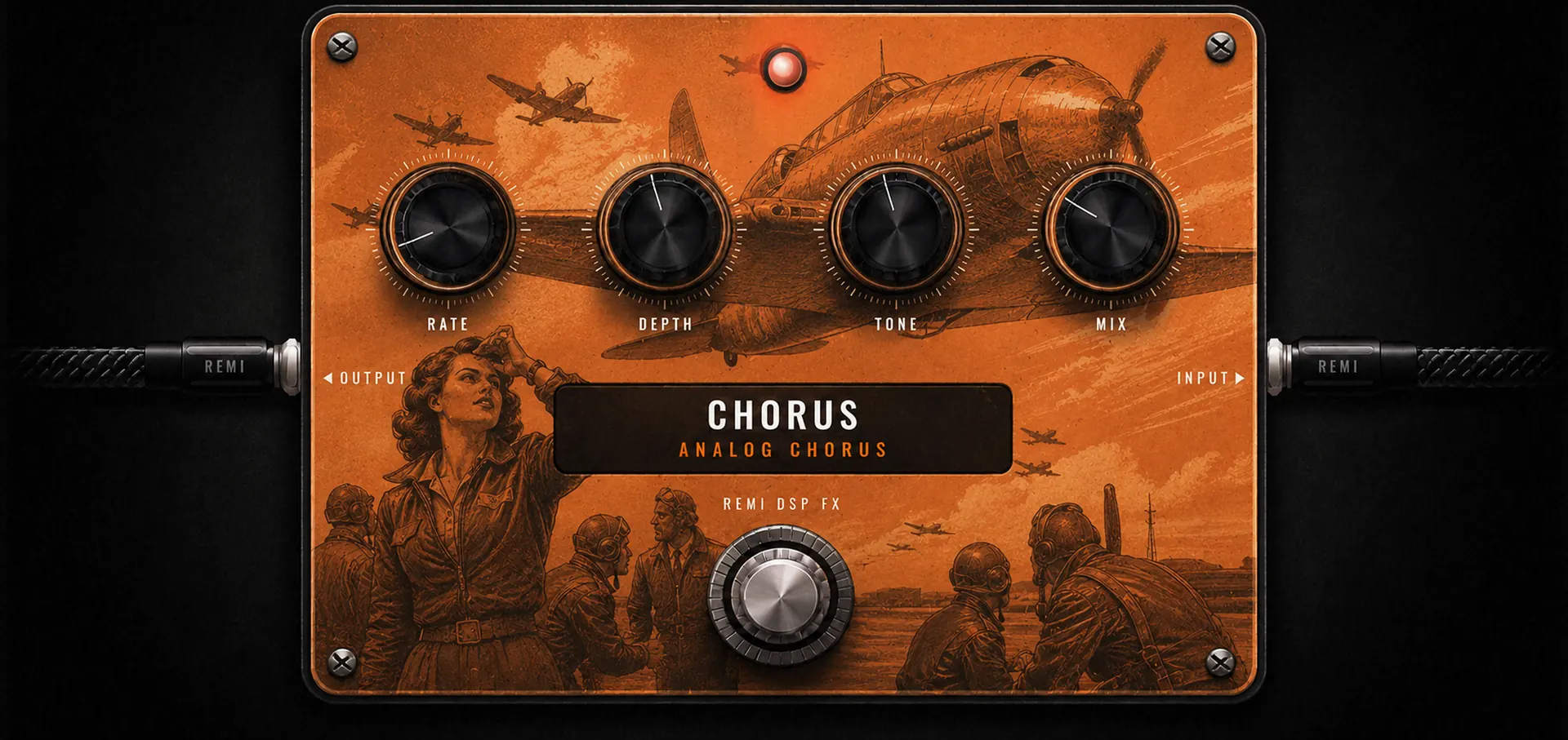 REMI DSP Chorus pedal — burnt-orange enclosure with WWII aviation artwork
