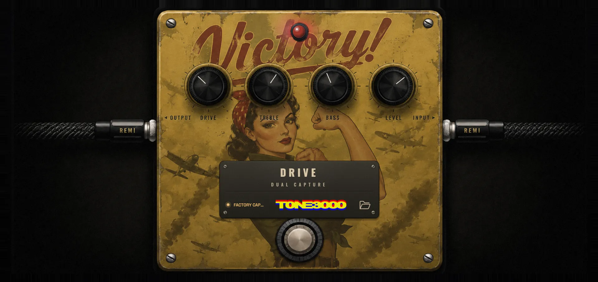 REMI DSP Drive pedal — Victory! gold enclosure with drive, treble, bass and level, and a TONE3000 button on the capture plate that opens the pedal-capture browser