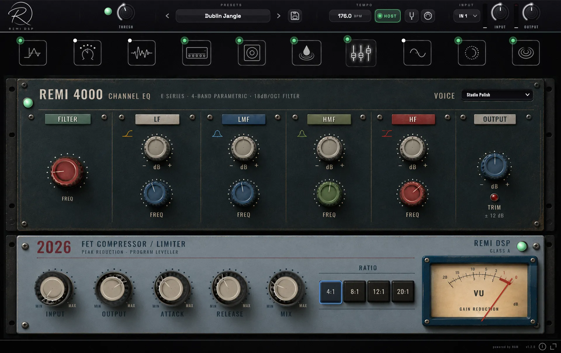 REMI DSP studio strip — REMI 4000 channel EQ and 2026 FET compressor